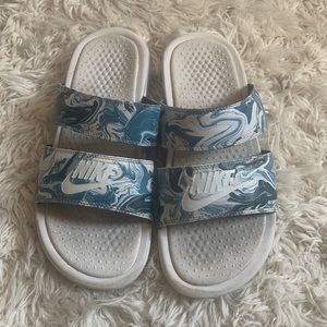 Blue and White Nike Slides